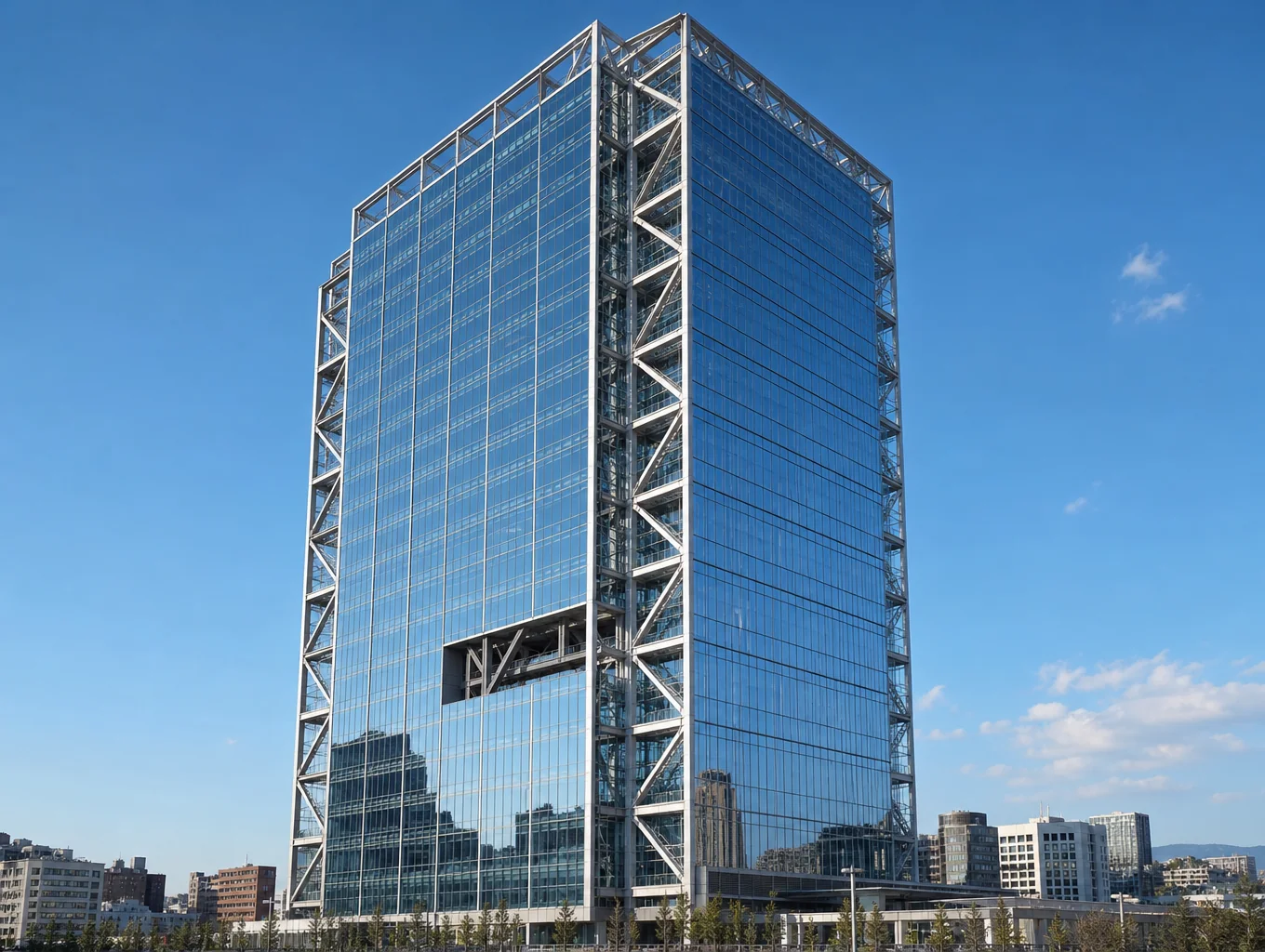 Modern commercial tower architectural rendering with glass facade
