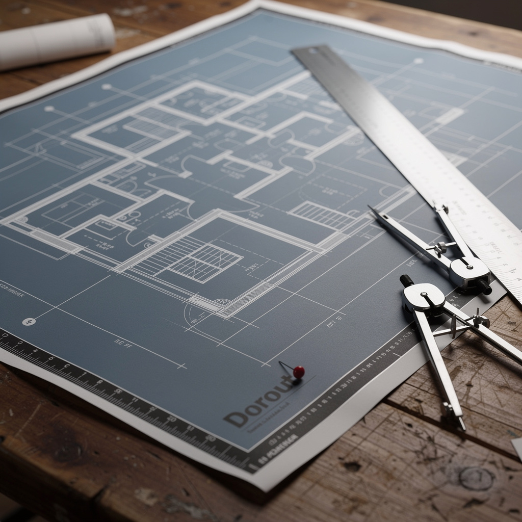 Detailed engineering blueprint on drafting table