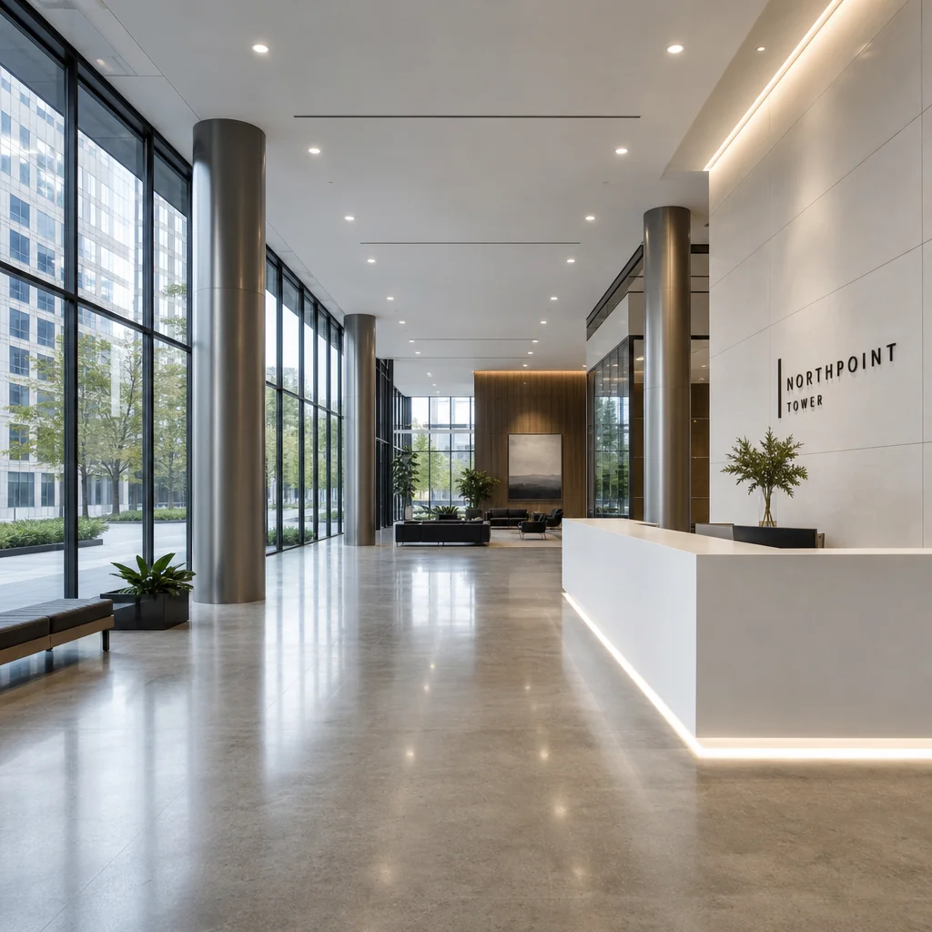 Minimalist interior design rendering for commercial space