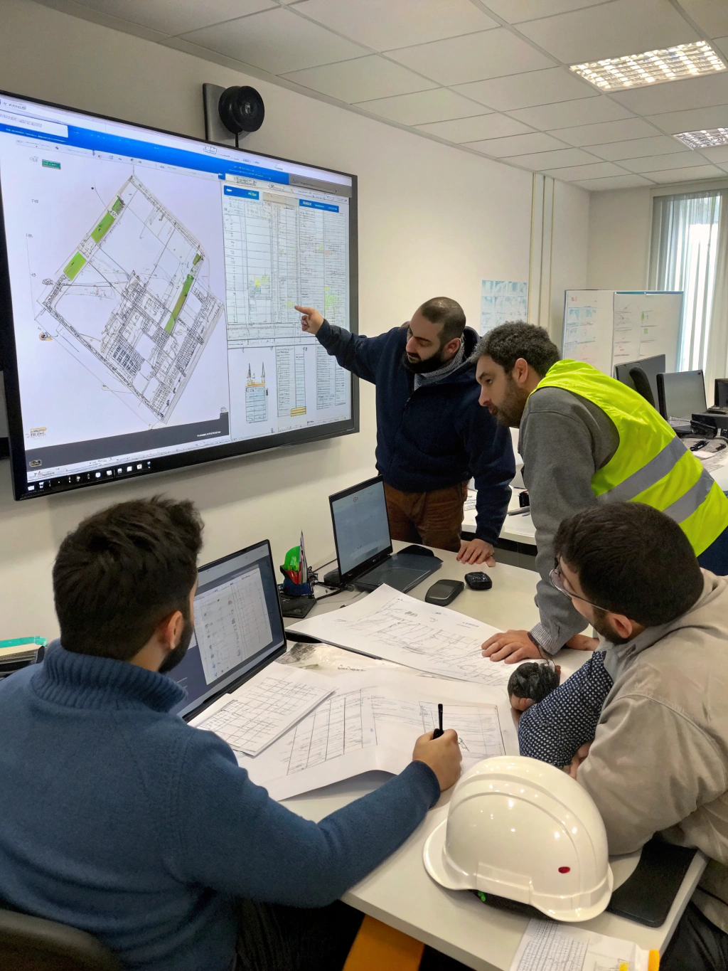 Engineering team reviewing structural blueprints